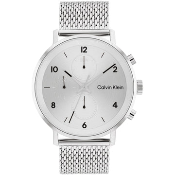 Calvin Klein CK25200107 Modern Herenhorloge 44mm met zilveren mesh band en minimalistische wijzerplaat. Swiss Made horloge voor stijlvolle heren.