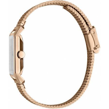 Zijaanzicht van de Esprit Cube Mini Dameshorloge 25mm - ES1L071M0035 met roségouden mesh band. Elegant en stijlvol horloge voor dagelijks gebruik.