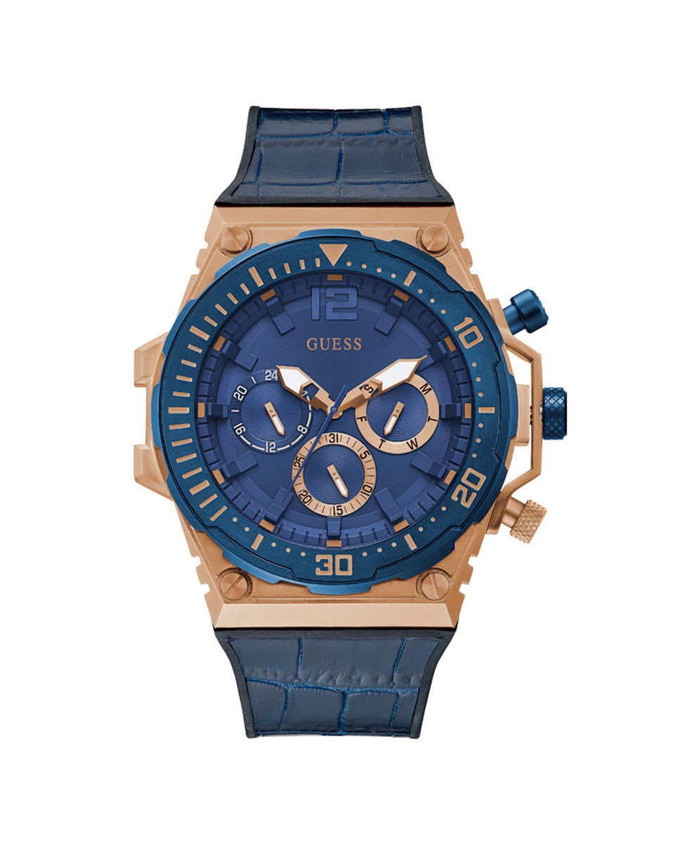 Opvallend Guess Herenhorloge GW0326G1 – Roze Kast & Blauwe Leren Band – 46-52mm