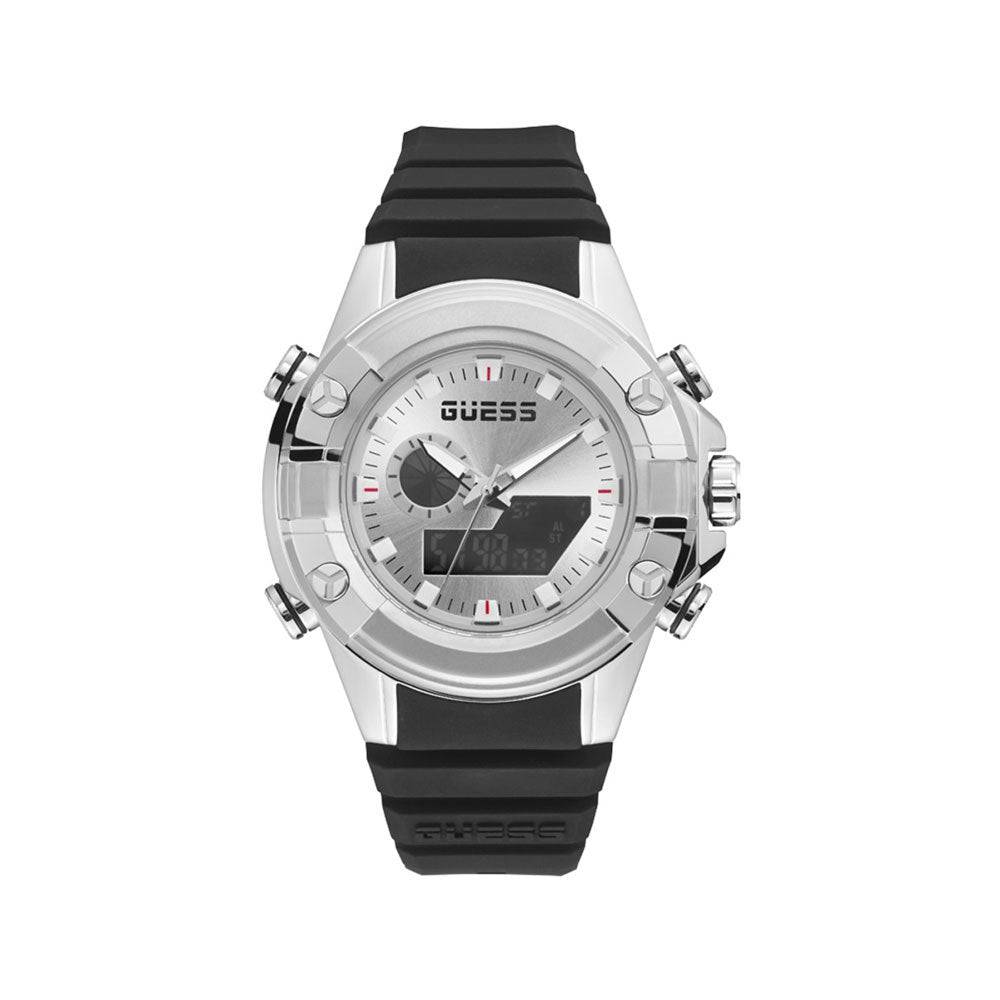 Guess Herenhorloge GW0341G1 - Stijlvol Grijs RVS met Zwart Silicone Band, 46-52mm