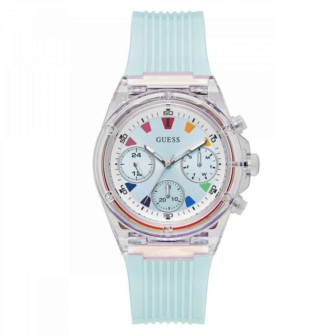 Guess Athena dameshorloge 39mm met blauwe siliconen band, transparante kast en kleurrijke wijzerplaat, ideaal voor dagelijks gebruik.