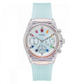 Guess Athena dameshorloge 39mm met blauwe siliconen band, transparante kast en kleurrijke wijzerplaat, ideaal voor dagelijks gebruik.