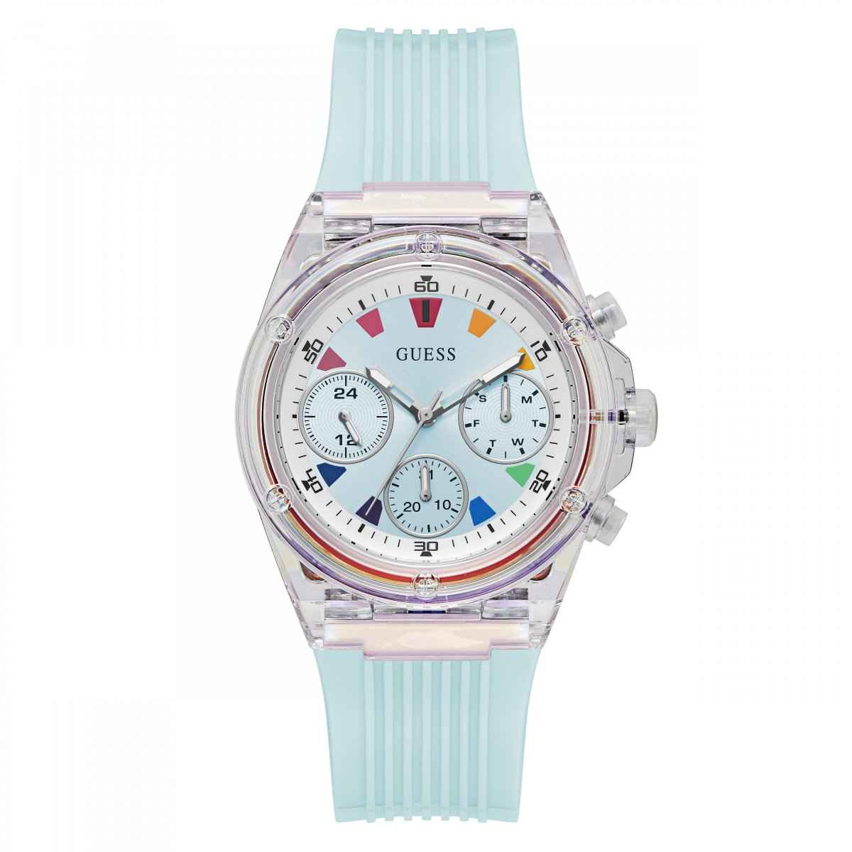 Guess Athena dameshorloge 39mm met blauwe siliconen band, transparante kast en kleurrijke wijzerplaat, ideaal voor dagelijks gebruik.