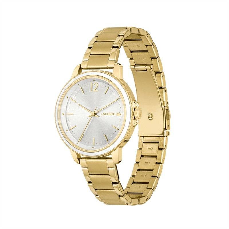 Lacoste dameshorloge - LC2001221 met goudkleurige roestvrijstalen band en zilverkleurige wijzerplaat. Elegant en tijdloos design voor dames.