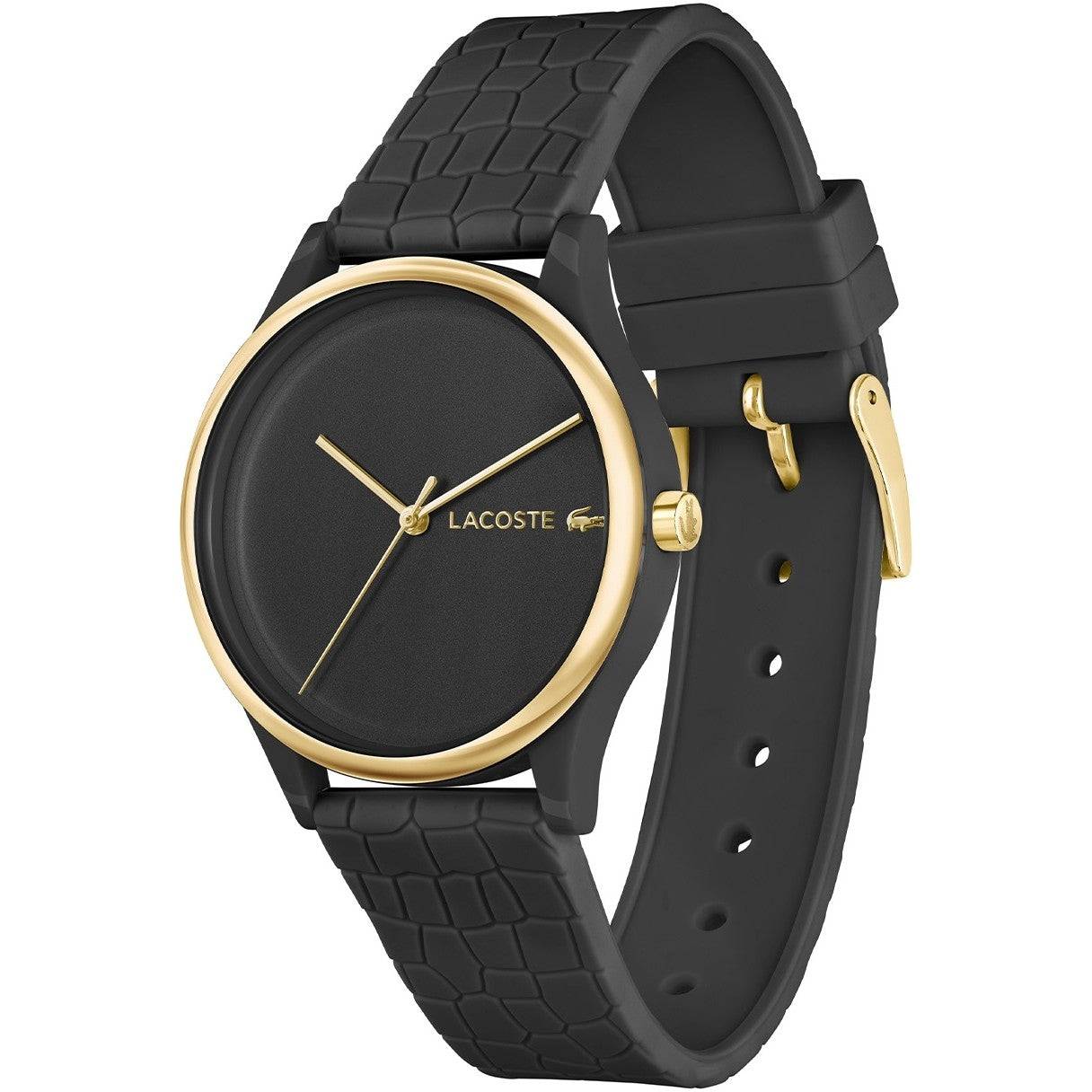 Lacoste Dameshorloge 36mm - Crocodelle Band in zwart met goudkleurige accenten, waterdicht tot 5 ATM en voorzien van quartz uurwerk.