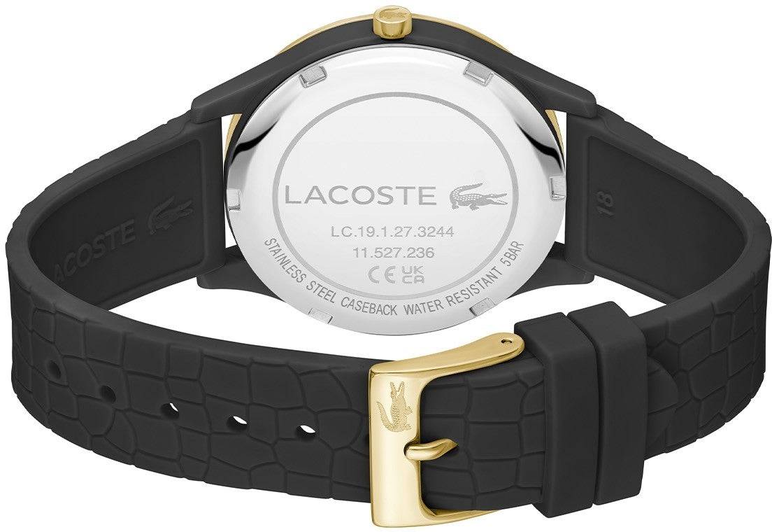 Achterkant van Lacoste Dameshorloge 36mm - Crocodelle Band met zwarte siliconen crocodelle-structuur en goudkleurige gesp, waterdicht tot 5 ATM.
