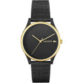 Lacoste Dameshorloge 36mm - Crocodelle Band met zwarte wijzerplaat, goudkleurige accenten en reliëf crocodelle-band. Waterdicht en quartz uurwerk.
