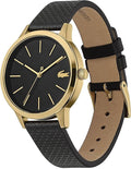 Lacoste Horloge 36mm - Dames Zwart Goud met goudkleurige kast, zwart leren band en minimalistisch quartz uurwerkdesign.