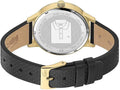 Lacoste Horloge 36mm - Dames Zwart Goud met leren band en goudkleurige gesp, achterkant met gegraveerd Lacoste-logo en 3 ATM waterdichtheid.