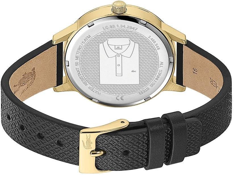 Lacoste Horloge 36mm - Dames Zwart Goud met leren band en goudkleurige gesp, achterkant met gegraveerd Lacoste-logo en 3 ATM waterdichtheid.