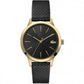 Lacoste Horloge 36mm - Dames Zwart Goud met goudkleurige kast, zwart leren band en minimalistisch quartz uurwerkdesign.
