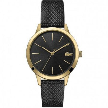 Lacoste Horloge 36mm - Dames Zwart Goud met goudkleurige kast, zwart leren band en minimalistisch quartz uurwerkdesign.