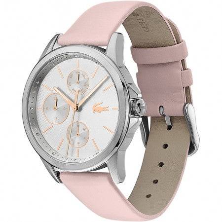Lacoste dameshorloge 40mm - LC2001108 met Florence design en roze leren band. Elegant horloge voor dames met zilverkleurige wijzerplaat.