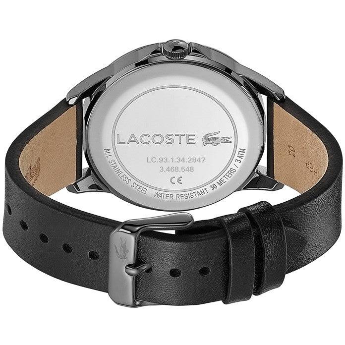 Achterkant van de Lacoste Dameshorloge FLORENCE LC2001109 met zwart leren bandje en roestvrijstalen kast, waterdicht tot 30 meter.