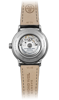 Achterkant van Raymond Weil Maestro herenhorloge 40mm met zichtbare Zwitserse automatische uurwerk en leren band. Luxe Swiss Made horloge.