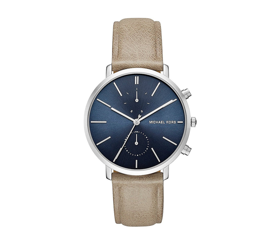 Michael Kors Herenhorloge MK8540 Zilverkleurig RVS, Beige Leren Band, Blauwe Wijzerplaat 41-45mm