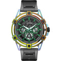 Guess Trend King Herenhorloge XL 48mm met opvallende regenboogkleurige kast en zwarte siliconen band, ideaal voor een moderne look.
