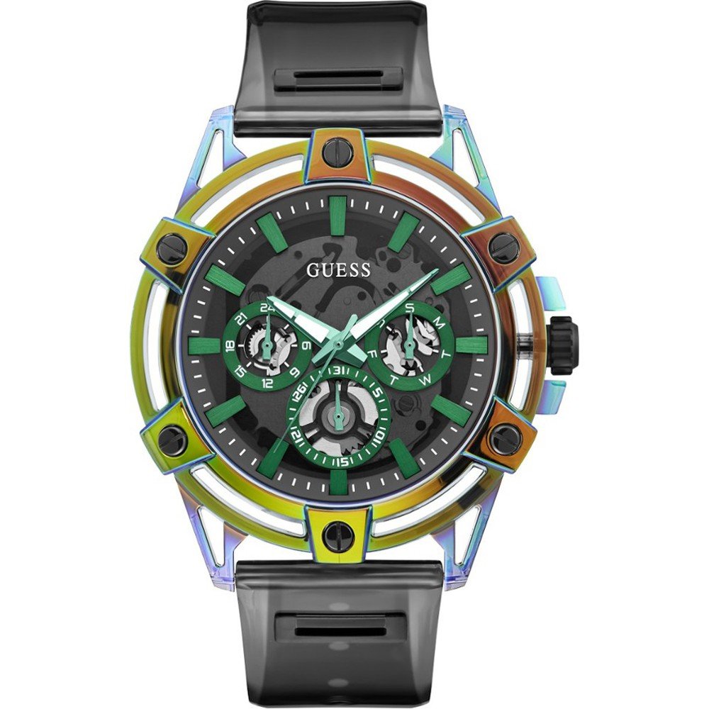 Guess Trend King Herenhorloge XL 48mm met opvallende regenboogkleurige kast en zwarte siliconen band, ideaal voor een moderne look.