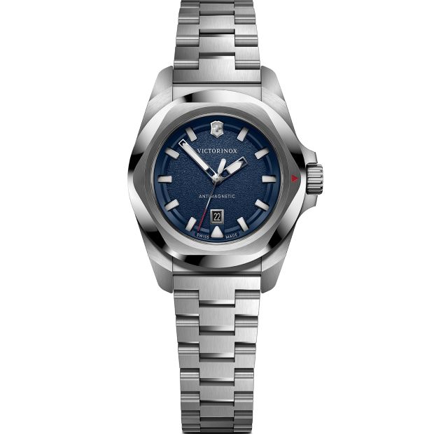 Victorinox Dameshorloge 32mm I.N.O.X. Small met blauwe wijzerplaat en roestvrijstalen band, Zwitsers design voor stijlvolle dames.