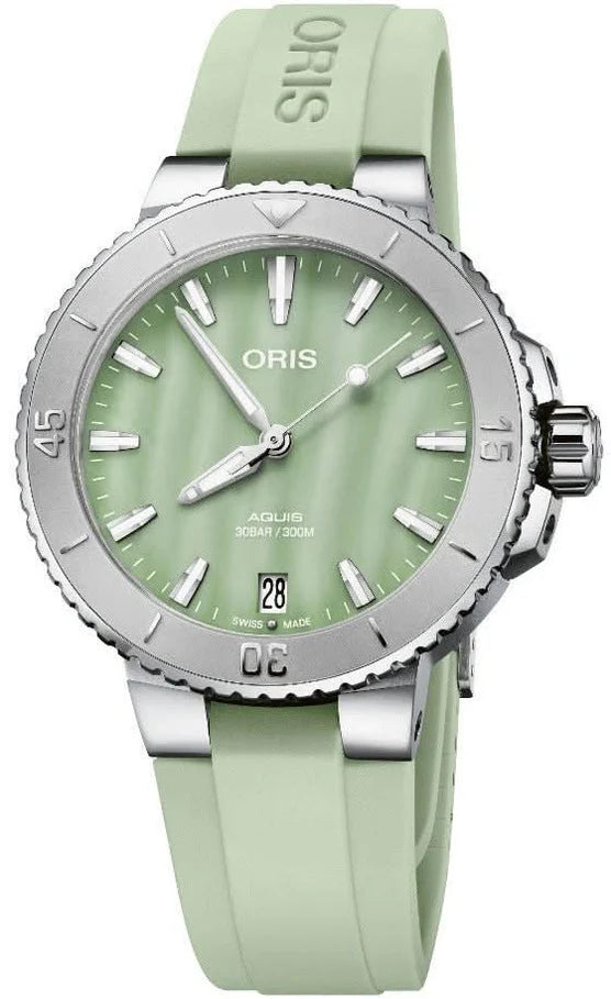 Oris Dameshorloge 36,5 mm met mintgroene wijzerplaat en siliconen band. Stijlvolle tijdwaarneming met Swiss Made precisie en 30 bar waterdichtheid.