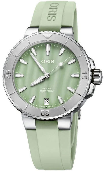 Oris Dameshorloge 36,5 mm met mintgroene wijzerplaat en siliconen band. Stijlvolle tijdwaarneming met Swiss Made precisie en 30 bar waterdichtheid.