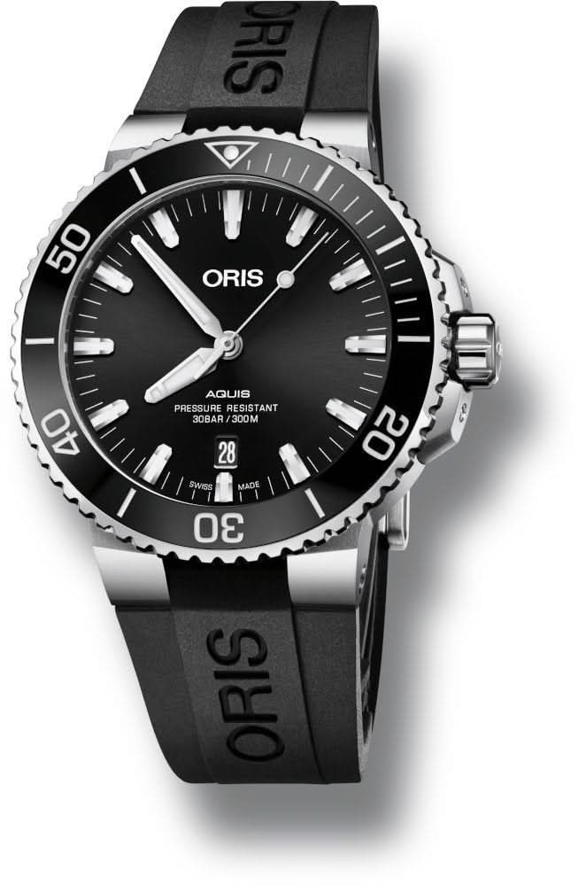 Oris Aquis Date herenhorloge 34mm met zwarte wijzerplaat en rubberen band, waterdicht tot 30 ATM, ideaal voor duiken en dagelijks gebruik.