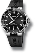 Oris Aquis Date herenhorloge 34mm met zwarte wijzerplaat en rubberen band, waterdicht tot 30 ATM, ideaal voor duiken en dagelijks gebruik.