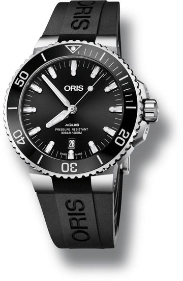 Oris Aquis Date herenhorloge 34mm met zwarte wijzerplaat en rubberen band, waterdicht tot 30 ATM, ideaal voor duiken en dagelijks gebruik.