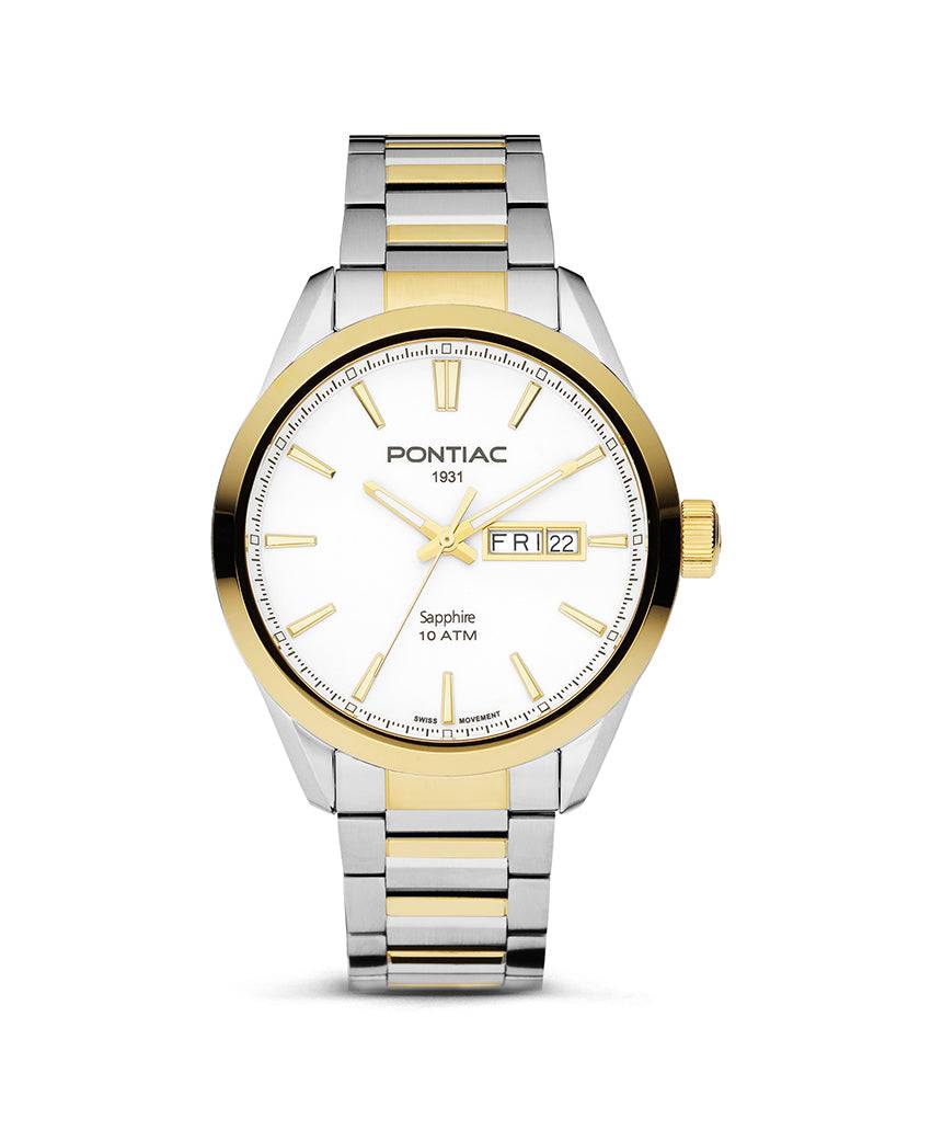 Pontiac Victor Herenhorloge 42mm in bi-color met goud- en zilverkleurige schakelband en witte wijzerplaat. Luxe Swiss Made horloge voor heren.