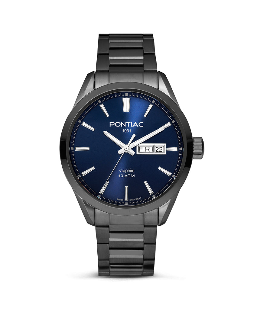 Pontiac Victor Bi-color P20110 herenhorloge 42mm met blauwe wijzerplaat, dag- en datumaanduiding en roestvrijstalen band. Swiss Made horloge voor heren.