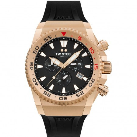 TW Steel ACE403 Swiss Made herenhorloge 44mm met zwarte wijzerplaat, roségouden kast en zwarte rubberen band, waterdicht tot 30 ATM.