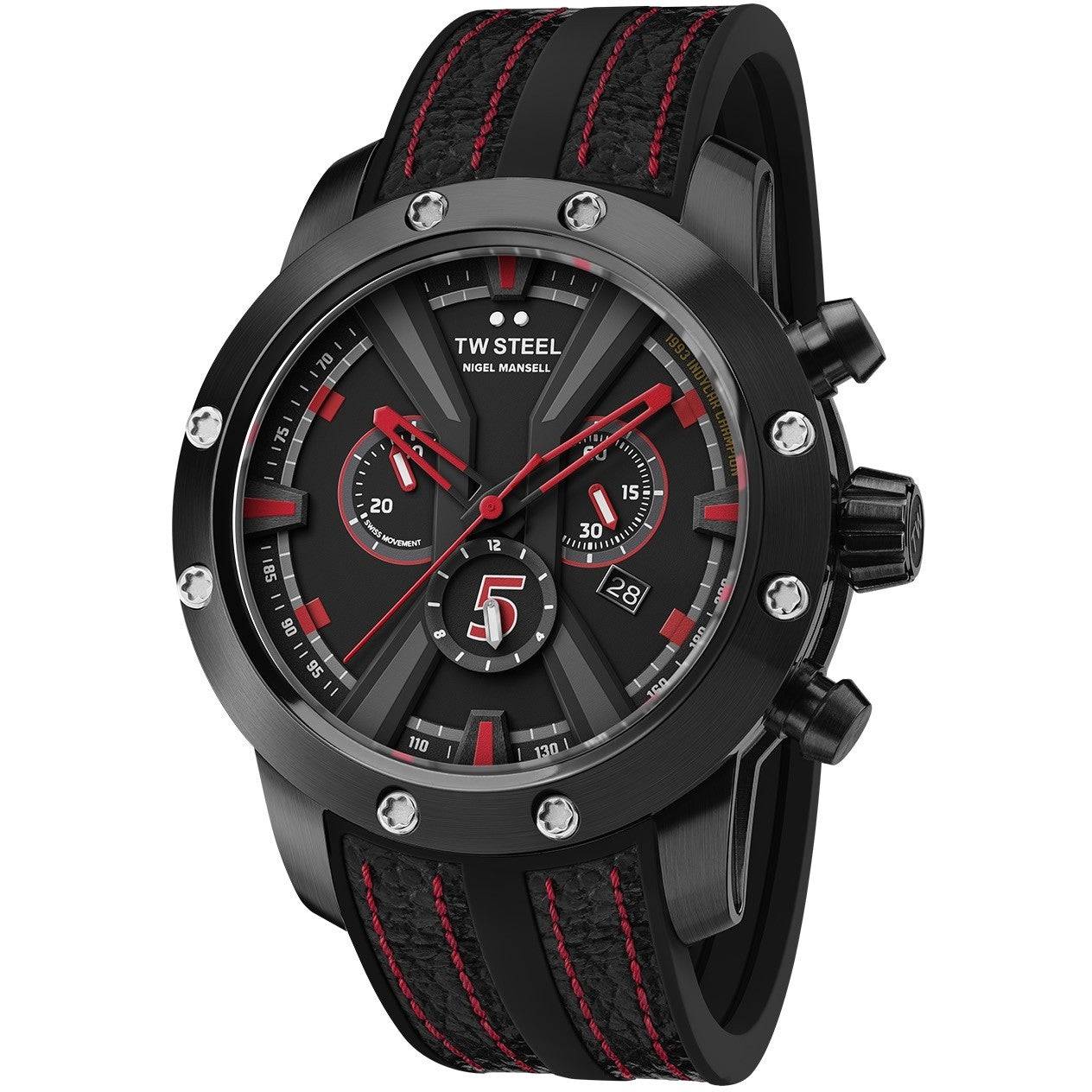 TW Steel TWGT14 Damon Hill Fast Lane Chronograaf Limited Edition herenhorloge 47mm met zwart-rode wijzerplaat en sportieve leren band. Luxe Swiss Made horloge voor heren in gelimiteerde oplage, ideaal voor autosportliefhebbers.