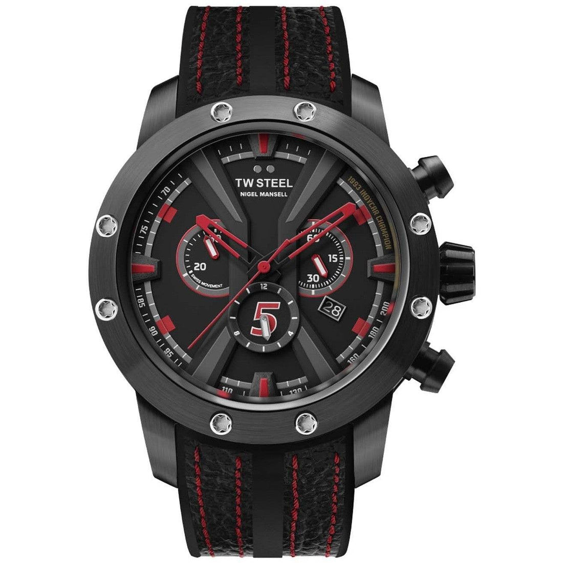 TW Steel TWGT14 Damon Hill Fast Lane Chronograaf Limited Edition herenhorloge 47mm met zwart-rode wijzerplaat en sportieve leren band. Luxe Swiss Made horloge voor heren in gelimiteerde oplage, ideaal voor autosportliefhebbers.