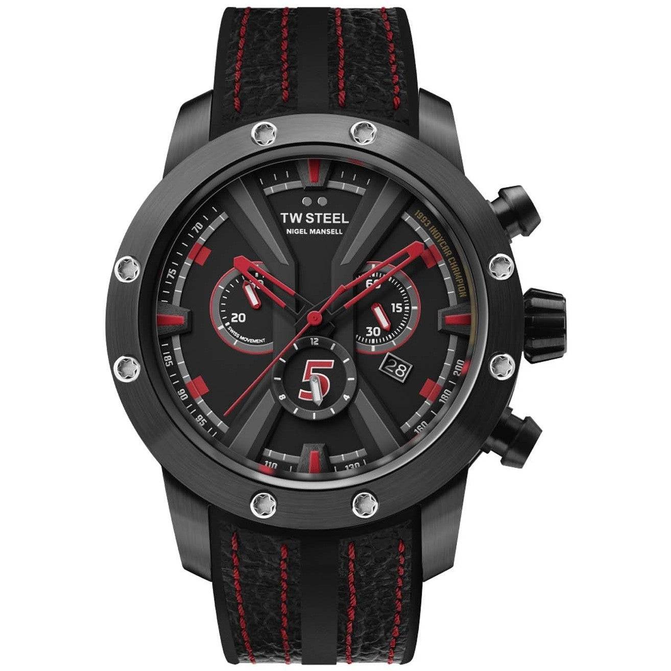 TW Steel TWGT14 Damon Hill Fast Lane Chronograaf Limited Edition herenhorloge 47mm met zwart-rode wijzerplaat en leren band. Luxe Swiss Made horloge voor heren met sportief design en chronograaf functie.