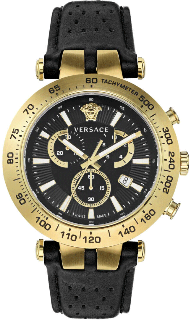Versace Herenhorloge VEJB004/22 met zwart leren bandje en goudkleurige kast, Swiss Made chronograaf voor stijlvolle mannen.