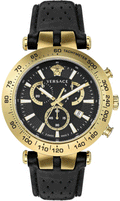 Versace Herenhorloge VEJB004/22 met zwart leren bandje en goudkleurige kast, Swiss Made chronograaf voor stijlvolle mannen.