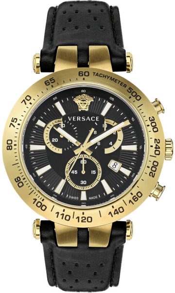 Versace Herenhorloge VEJB004/22 met zwart leren bandje en goudkleurige kast, Swiss Made chronograaf voor stijlvolle mannen.