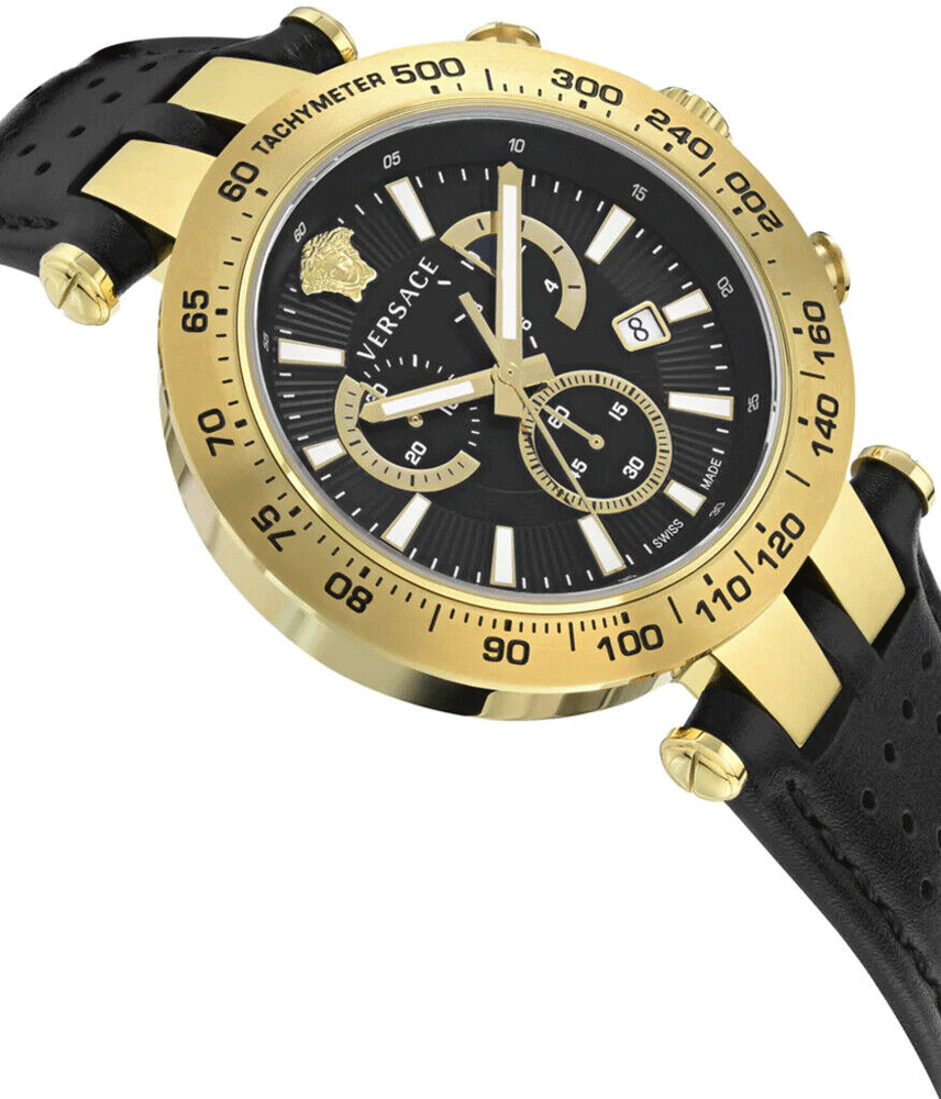 Versace Herenhorloge VEJB004/22 met zwart leren bandje en goudkleurige kast, Swiss Made chronograaf voor stijlvolle mannen.