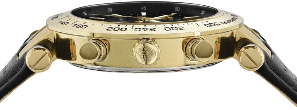 Zijaanzicht van de Versace Herenhorloge VEJB004/22 met goudkleurige kast en zwarte leren band, Swiss Made chronograaf voor stijlvolle heren.