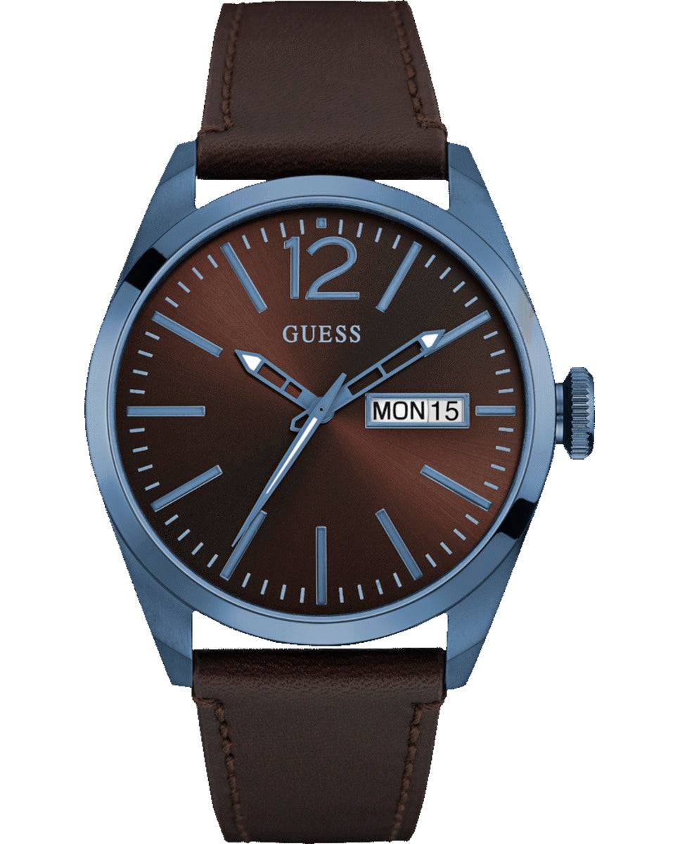 Stijlvol Guess Herenhorloge - Zilverkleurige Kast, Bruin Leer, Blauwe Wijzerplaat 41-45mm
