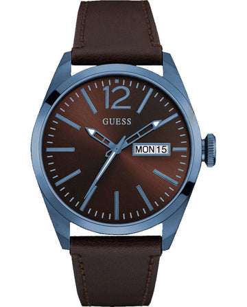 Stijlvol Guess Herenhorloge - Zilverkleurige Kast, Bruin Leer, Blauwe Wijzerplaat 41-45mm