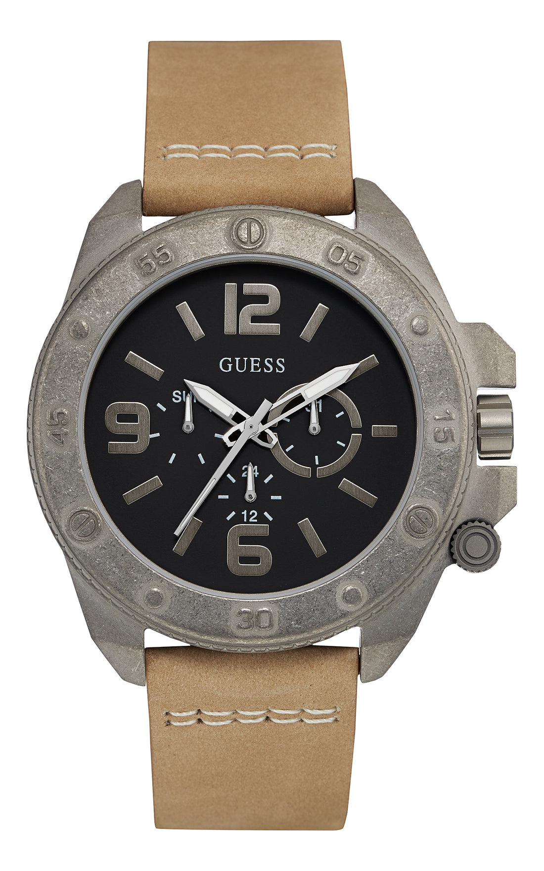 Guess Herenhorloge Zilverkleurig RVS met Beige Leren Band en Zwarte Wijzerplaat 46-52mm
