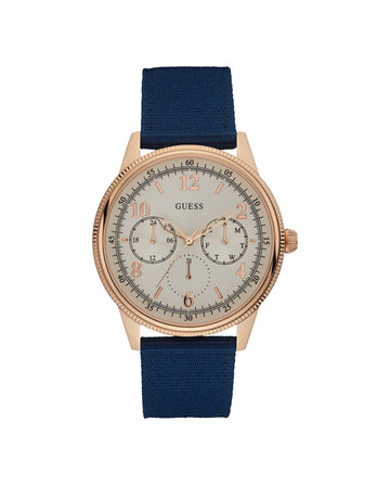 Guess Herenhorloge | Opvallende Roze RVS Kast & Blauwe Nylon Band, 41-45mm