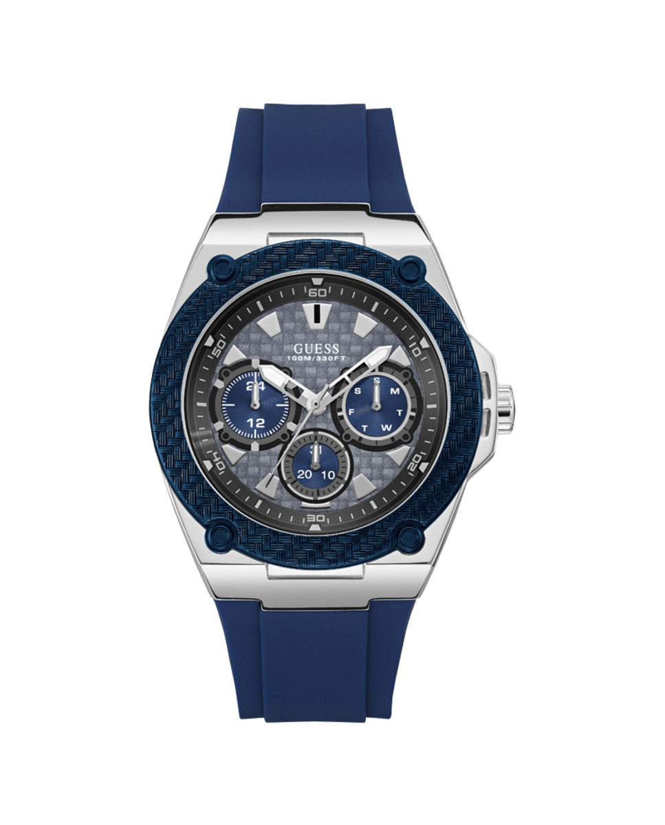 Guess Herenhorloge Zilverkleurig met Blauwe Silicone Band 41-45mm