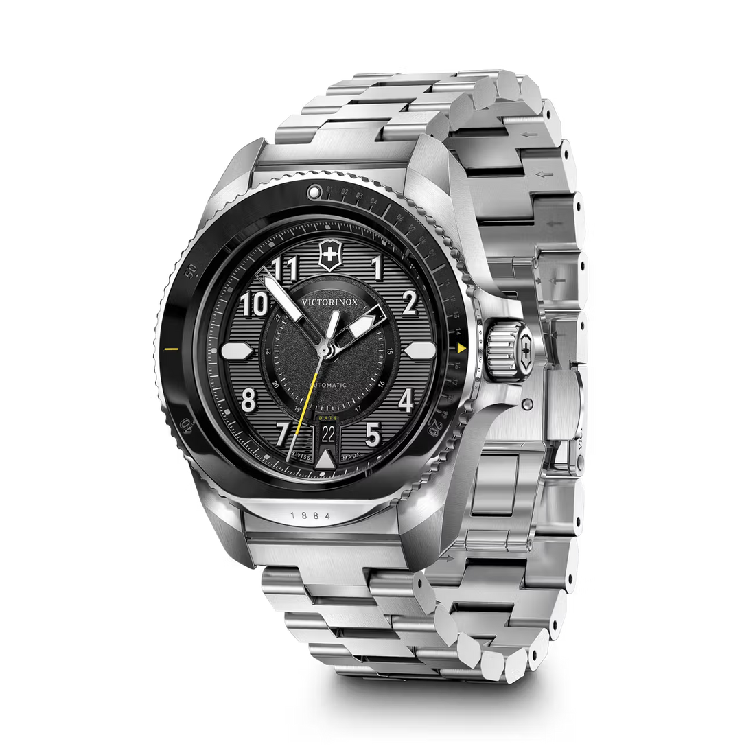 Victorinox Journey 1884 horloge heren 43mm met zwarte wijzerplaat, automatische uurwerk en roestvrijstalen band, waterdicht tot 20 ATM.