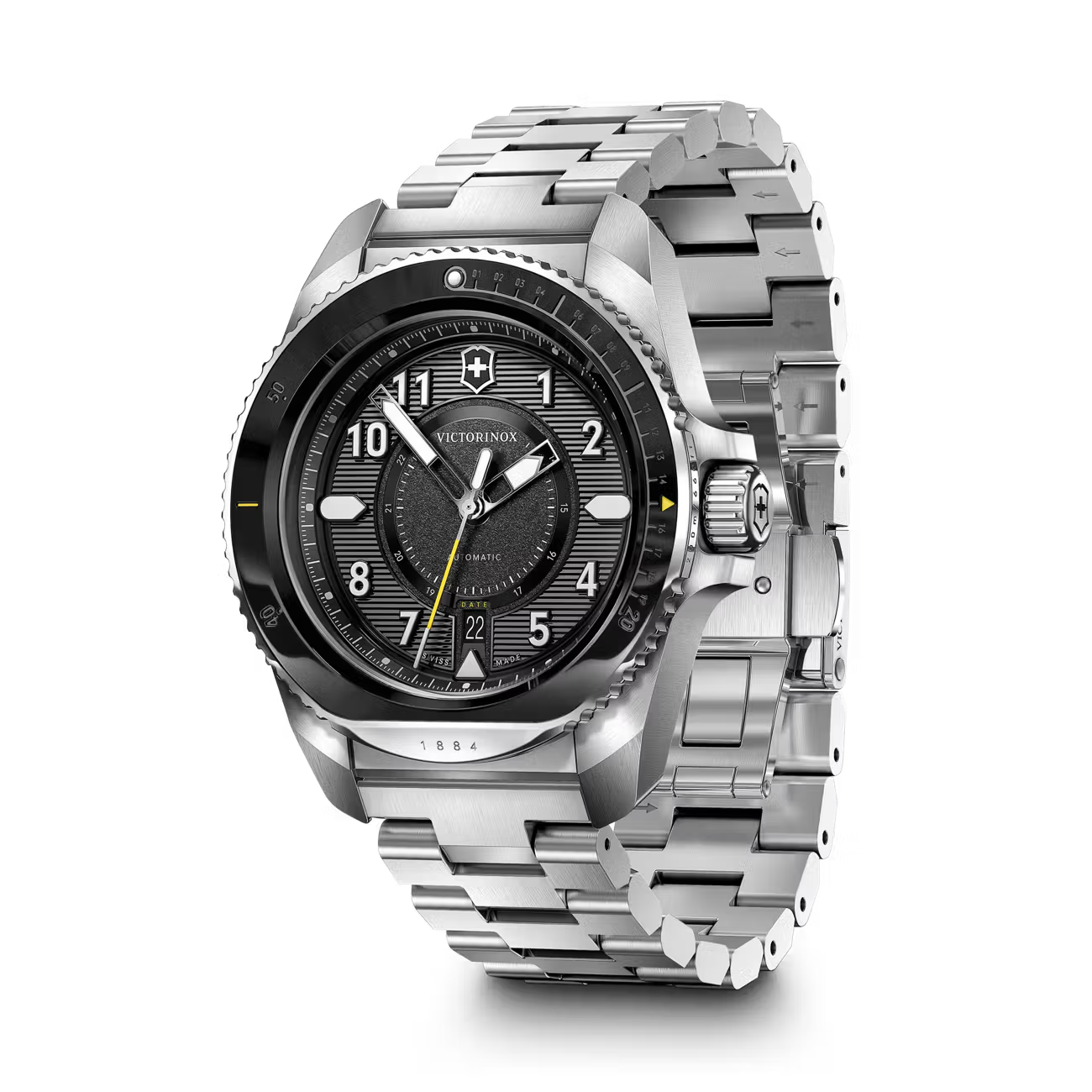 Victorinox Journey 1884 horloge heren 43mm met automatische beweging en 20 ATM waterdichtheid, roestvrijstalen band en zwarte wijzerplaat.