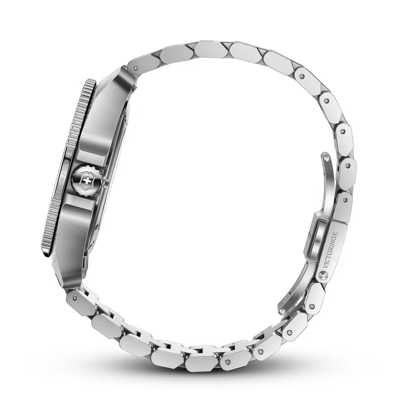 Zijaanzicht van het Victorinox Journey 1884 horloge heren 43mm 20 ATM met roestvrijstalen band en geschroefde kroon, ideaal voor duiken.