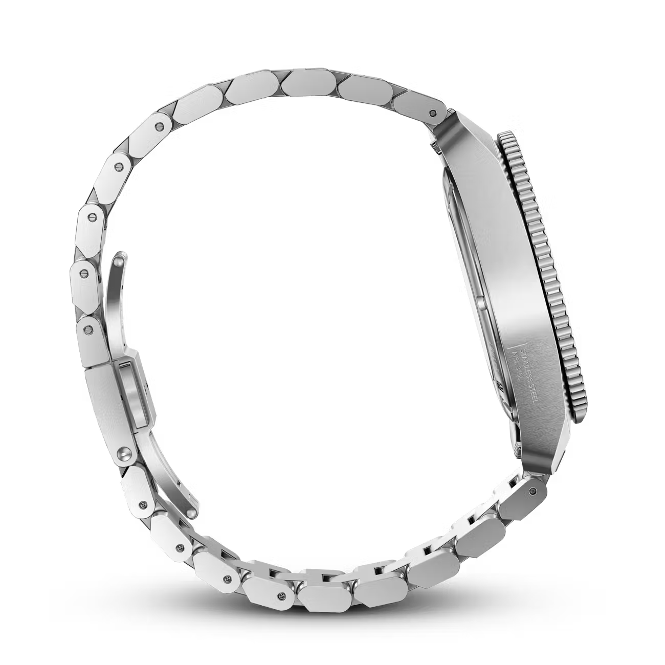 Zijaanzicht van het Victorinox Journey 1884 horloge heren 43mm met roestvrijstalen band en robuuste kast, waterdicht tot 20 ATM.