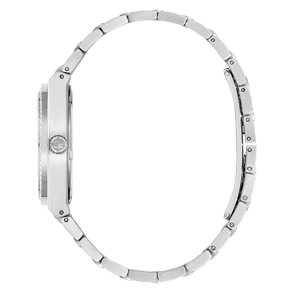 Zijaanzicht van de Gc Classic Dameshorloge 34mm - Z38001L9MF met slanke zilverkleurige roestvrijstalen band. Elegant Swiss Made dameshorloge.