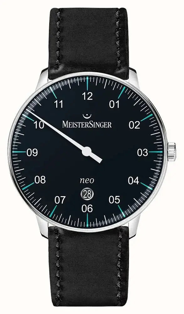 Meistersinger Neo Plus NE402T Automatic Herenhorloge 40mm met zwarte wijzerplaat en leren band. Elegant Zwitsers horloge voor heren.